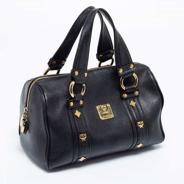 Pre Owned MCM Black Leather Vintage Studded Logo Motifs Boston Bag