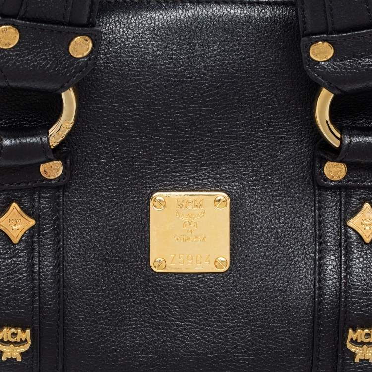 Pre Owned MCM Black Leather Vintage Studded Logo Motifs Boston Bag