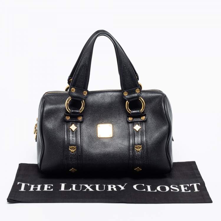 Pre Owned MCM Black Leather Vintage Studded Logo Motifs Boston Bag