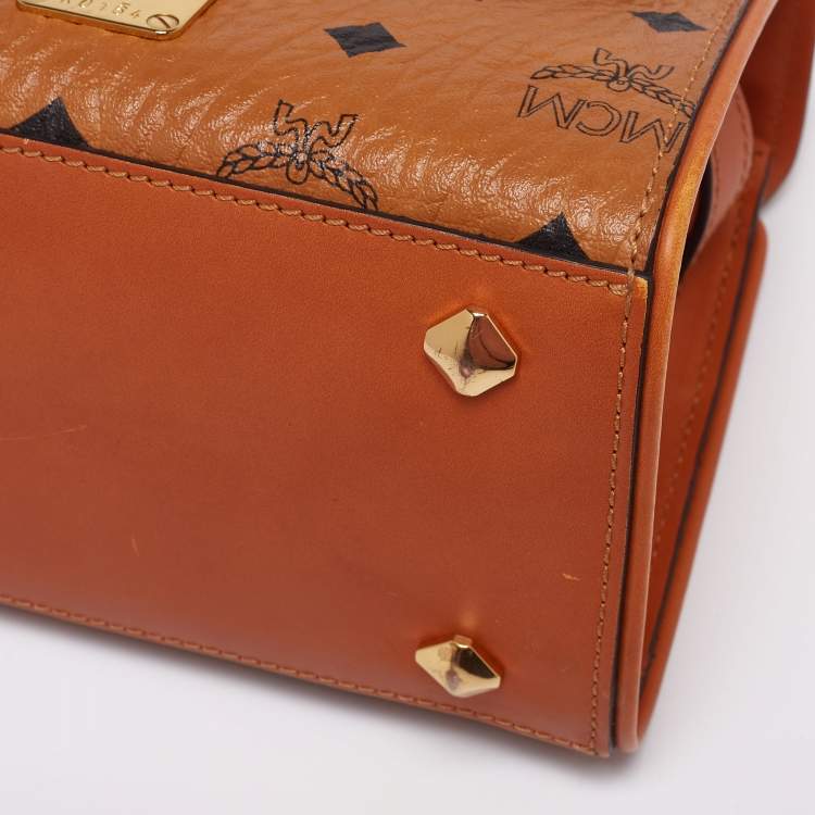Pre Owned MCM Cognac Visetos Coated Canvas and Leather Mini Heritage Top Handle Bag