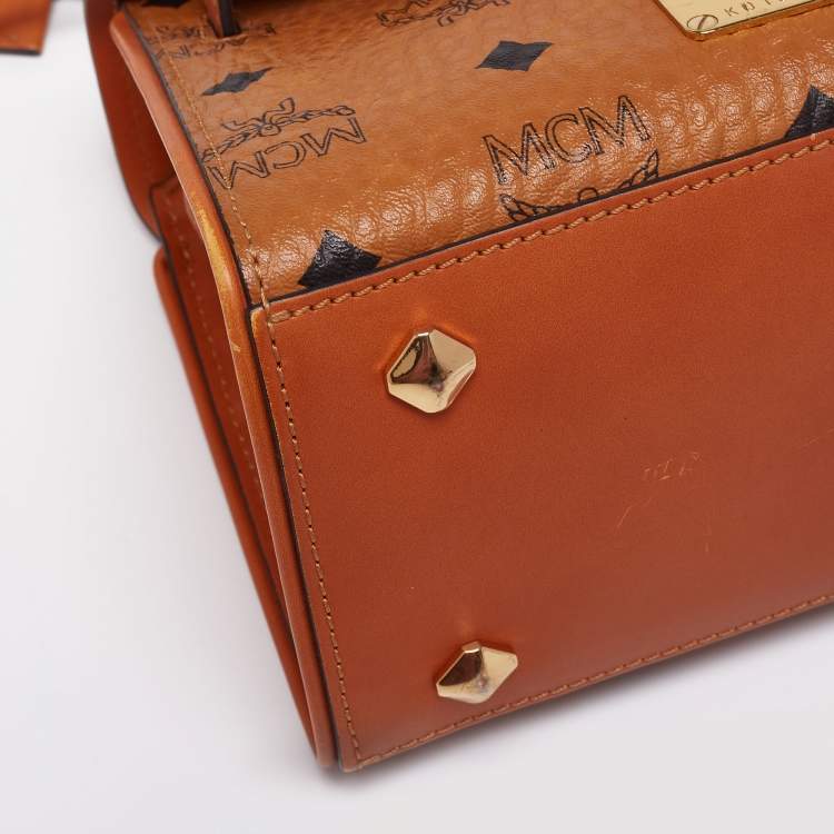 Pre Owned MCM Cognac Visetos Coated Canvas and Leather Mini Heritage Top Handle Bag