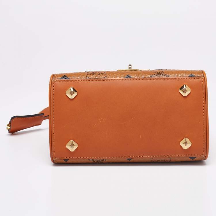 Pre Owned MCM Cognac Visetos Coated Canvas and Leather Mini Heritage Top Handle Bag