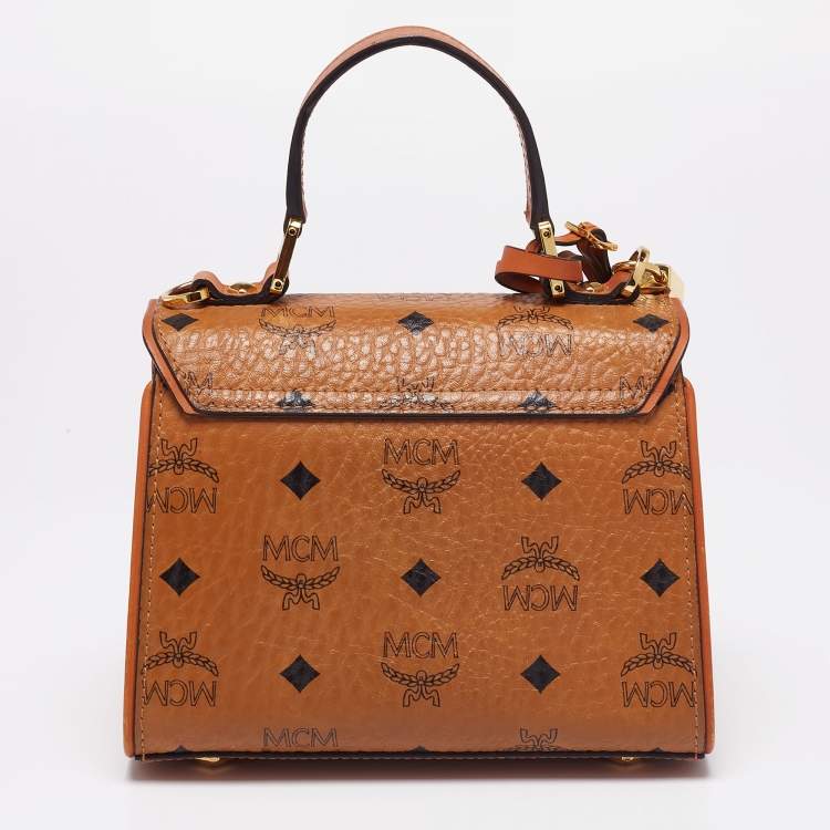 Pre Owned MCM Cognac Visetos Coated Canvas and Leather Mini Heritage Top Handle Bag