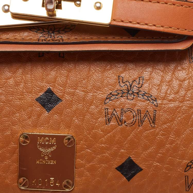 Pre Owned MCM Cognac Visetos Coated Canvas and Leather Mini Heritage Top Handle Bag