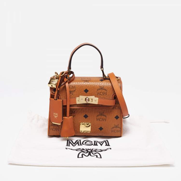 Pre Owned MCM Cognac Visetos Coated Canvas and Leather Mini Heritage Top Handle Bag