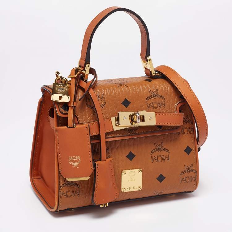 Pre Owned MCM Cognac Visetos Coated Canvas and Leather Mini Heritage Top Handle Bag
