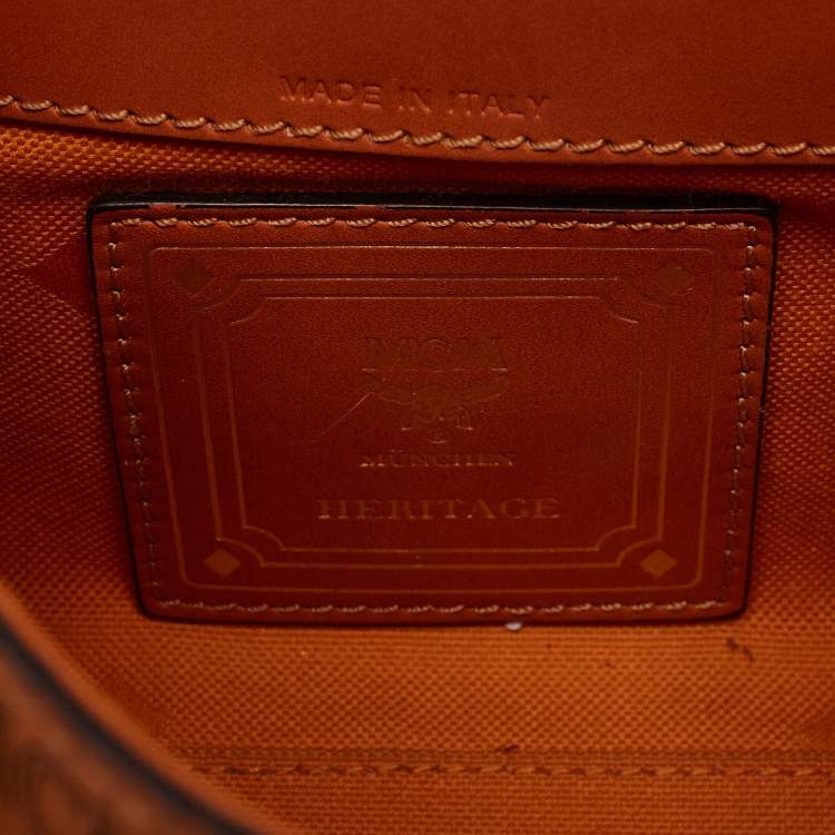 Pre Owned MCM Cognac Visetos Coated Canvas and Leather Mini Heritage Top Handle Bag
