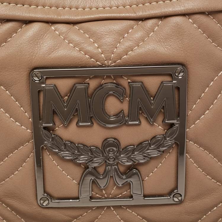 Pre Owned MCM Beige Essential Quilted Leather Logo Tote