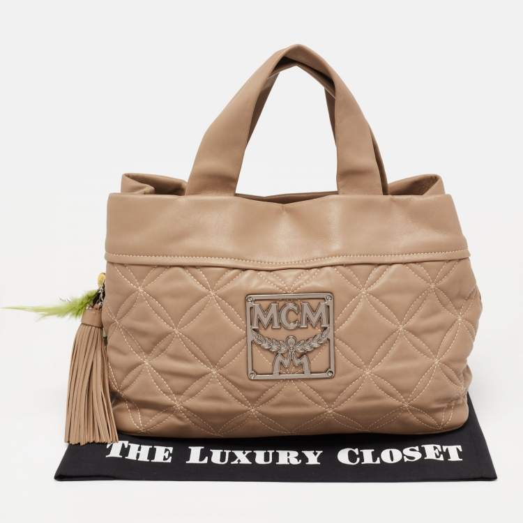 Pre Owned MCM Beige Essential Quilted Leather Logo Tote
