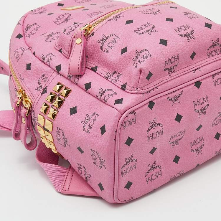 Pre Owned MCM Pink Visetos Studded Coated Canvas Stark Backpack