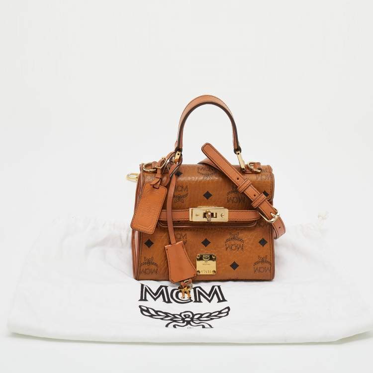 Pre Owned MCM Cognac Visetos Coated Canvas and Leather Mini Heritage Top Handle Bag