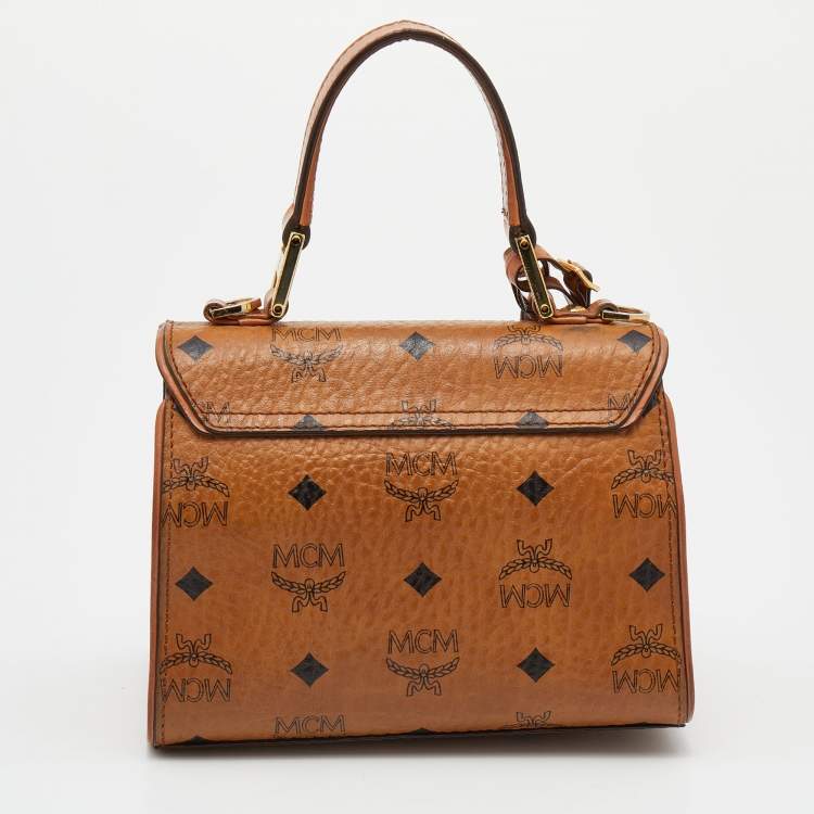 Pre Owned MCM Cognac Visetos Coated Canvas and Leather Mini Heritage Top Handle Bag