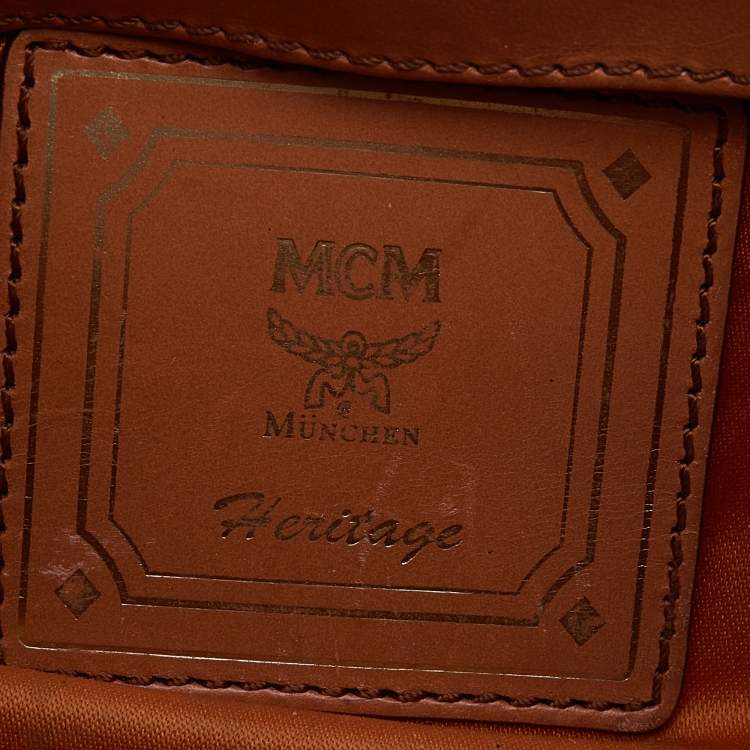 Pre Owned MCM Cognac Visetos Coated Canvas and Leather Mini Heritage Top Handle Bag