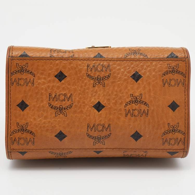 Pre Owned MCM Cognac Visetos Coated Canvas and Leather Mini Heritage Top Handle Bag