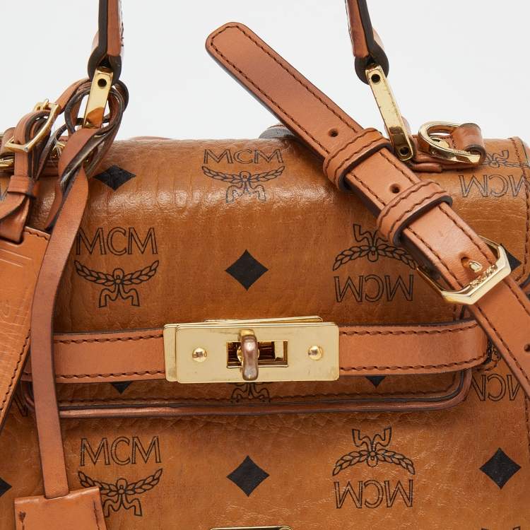 Pre Owned MCM Cognac Visetos Coated Canvas and Leather Mini Heritage Top Handle Bag
