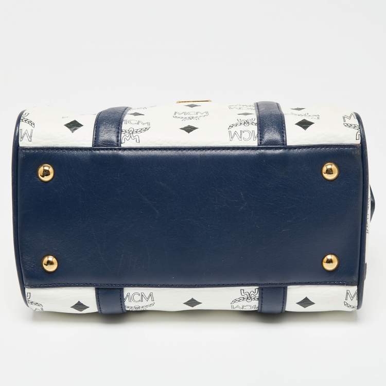 Pre Owned MCM White/Navy Blue Visetos Coated Canvas and Leather Boston Bag