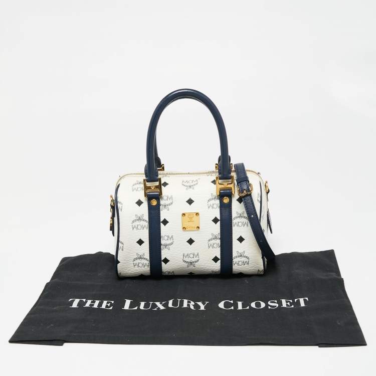 Pre Owned MCM White/Navy Blue Visetos Coated Canvas and Leather Boston Bag