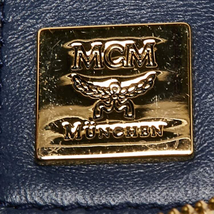 Pre Owned MCM White/Navy Blue Visetos Coated Canvas and Leather Boston Bag