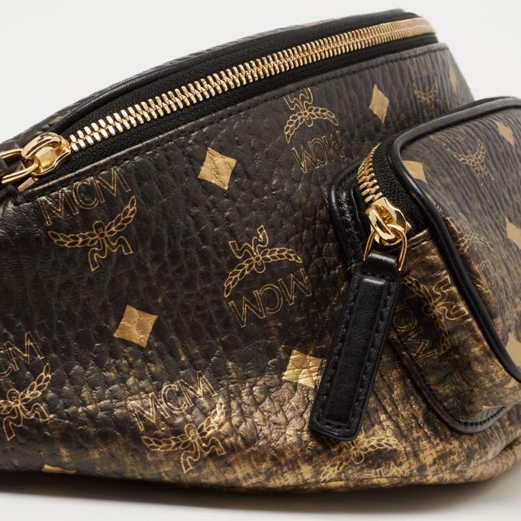 Pre Owned MCM Black/Gold Leather Logo Printed Belt Bag