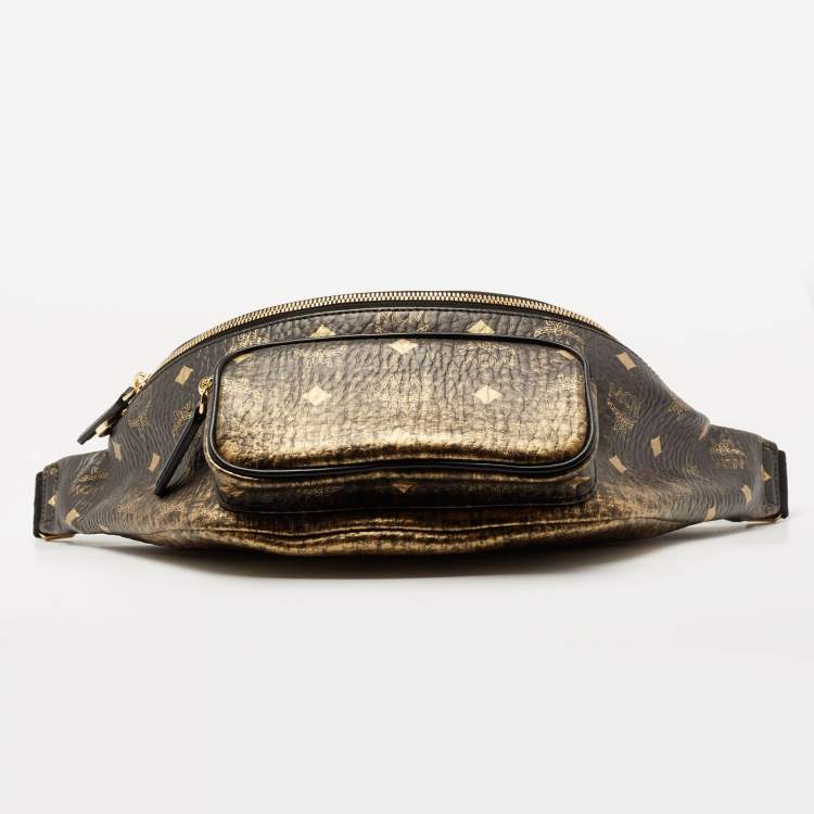 Pre Owned MCM Black/Gold Leather Logo Printed Belt Bag