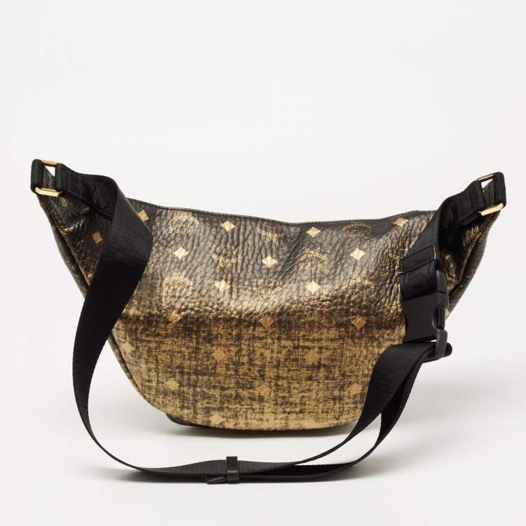 Pre Owned MCM Black/Gold Leather Logo Printed Belt Bag