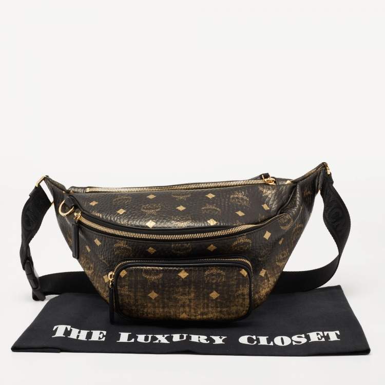 Pre Owned MCM Black/Gold Leather Logo Printed Belt Bag