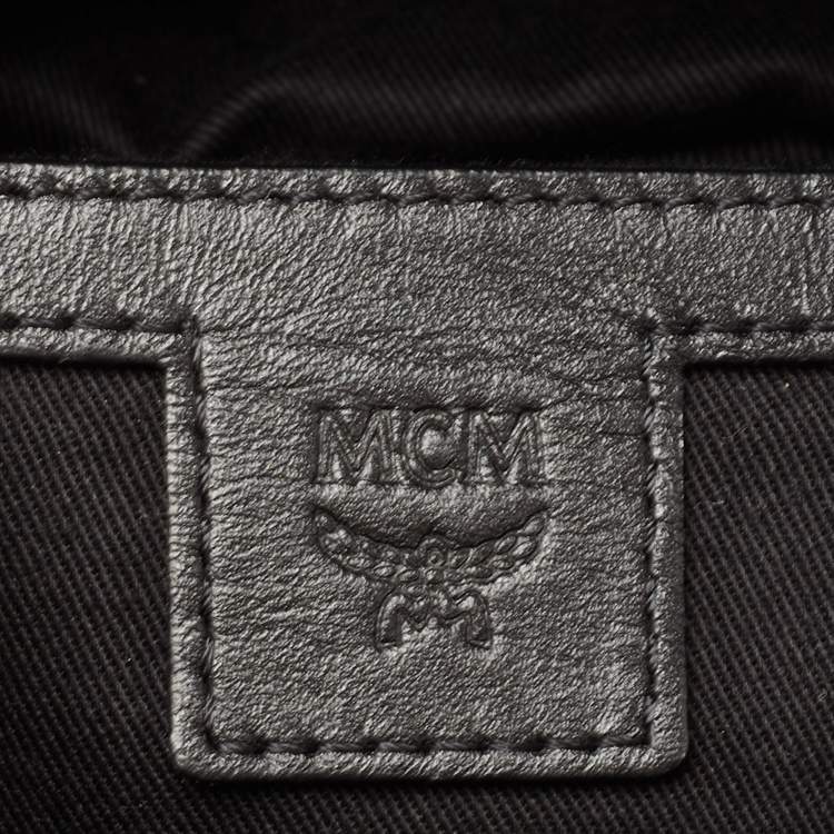 Pre Owned MCM Black/Gold Leather Logo Printed Belt Bag