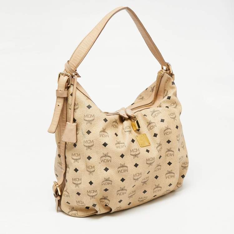 Pre Owned MCM Beige Visetos Coated Canvas and Leather Essential Hobo