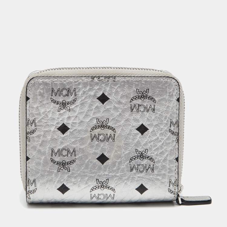 Pre Owned MCM Metallic Silver Coated Canvas Visetos Zip Compact Wallet