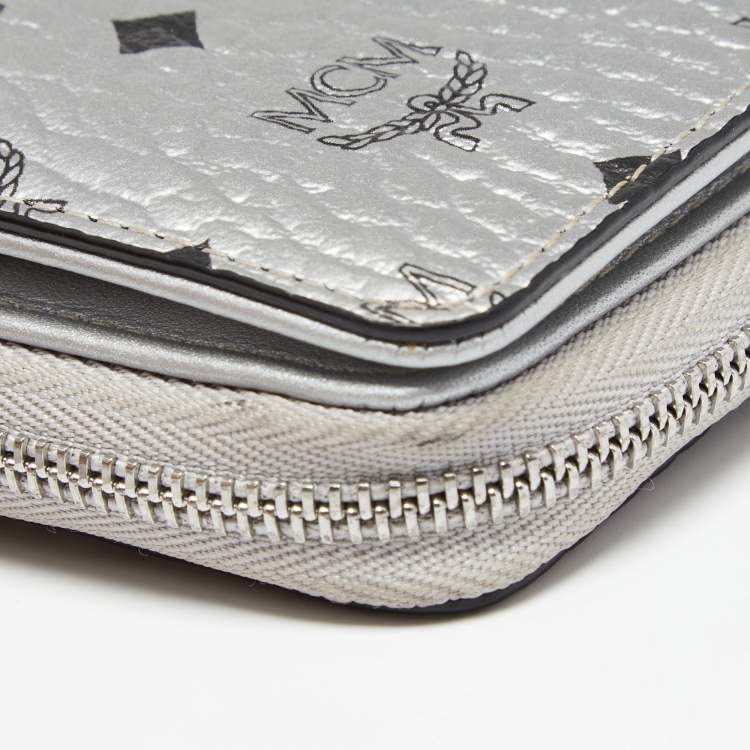 Pre Owned MCM Metallic Silver Coated Canvas Visetos Zip Compact Wallet
