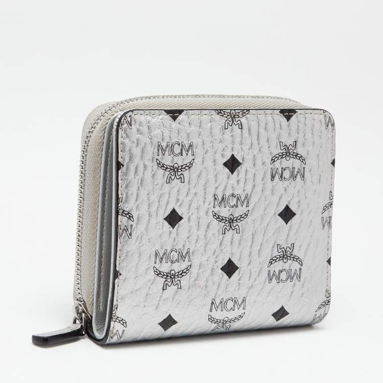 Pre Owned MCM Metallic Silver Coated Canvas Visetos Zip Compact Wallet