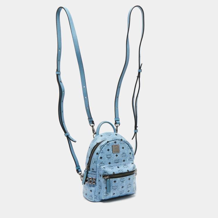 Pre Owned MCM Blue Visetos Coated Canvas and Leather Mini Studded Stark-Bebe Boo Backpack