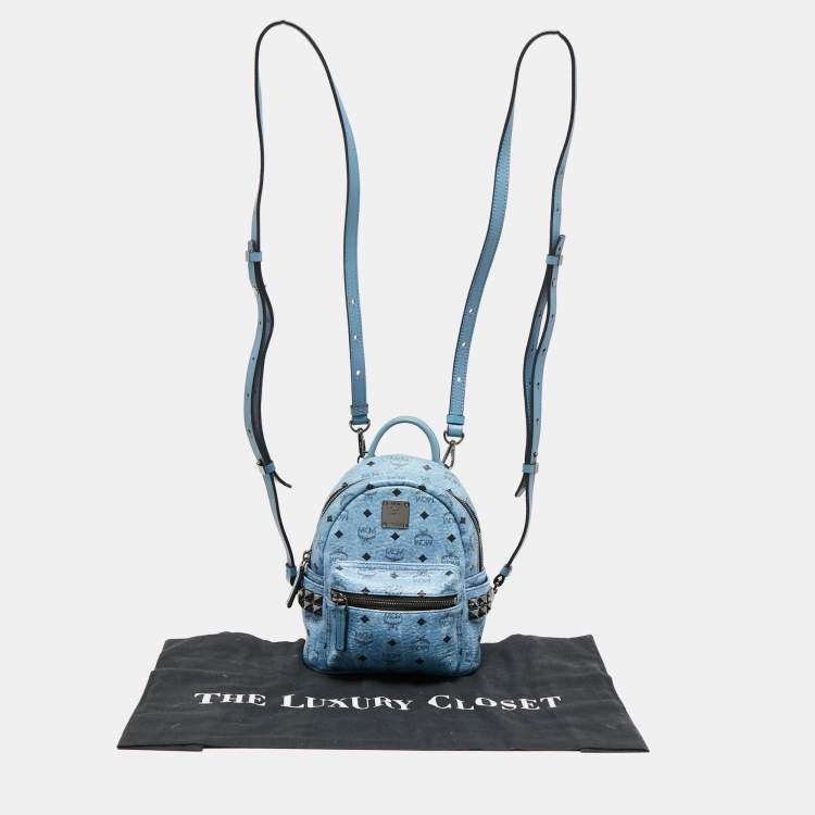 Pre Owned MCM Blue Visetos Coated Canvas and Leather Mini Studded Stark-Bebe Boo Backpack