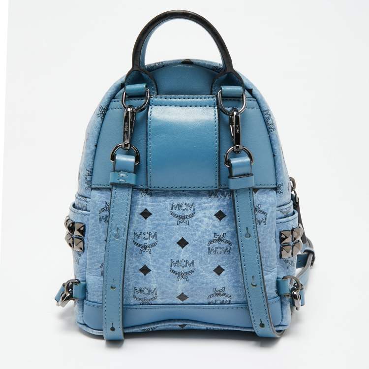Pre Owned MCM Blue Visetos Coated Canvas and Leather Mini Studded Stark-Bebe Boo Backpack