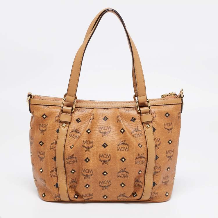 Pre Owned MCM Cognac Visetos Coated Canvas and Leather Zip Tote