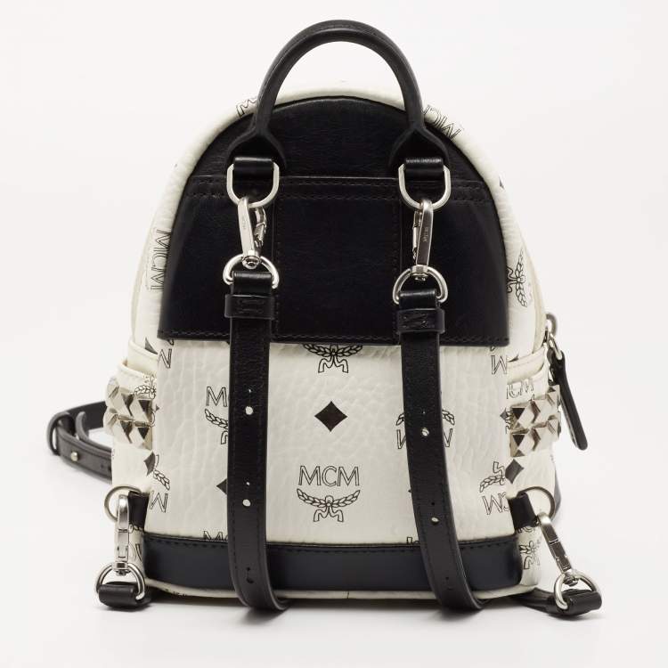Pre Owned MCM White/Black Visetos Coated Canvas And Leather Mini Stark-Bebe Boo Backpack