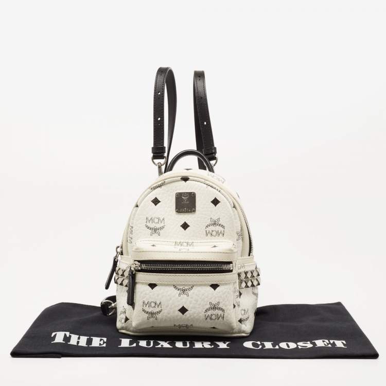 Pre Owned MCM White/Black Visetos Coated Canvas And Leather Mini Stark-Bebe Boo Backpack