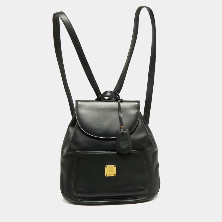 Pre Owned MCM Black Leather Front Pocket Flap Backpack