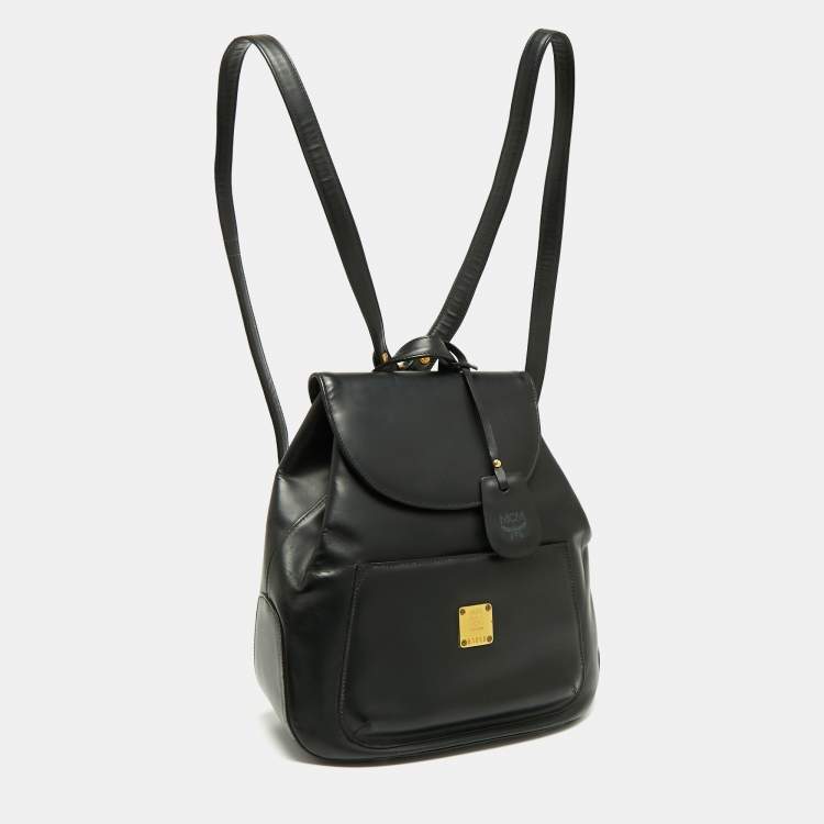 Pre Owned MCM Black Leather Front Pocket Flap Backpack