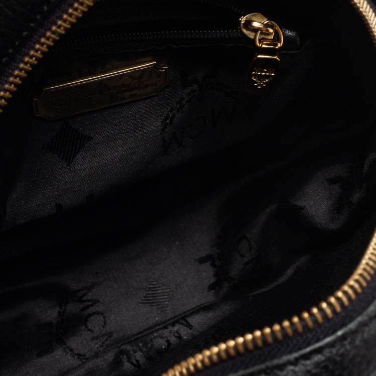 Pre Owned MCM Black Leather Studded Tambourine Round Crossbody Bag