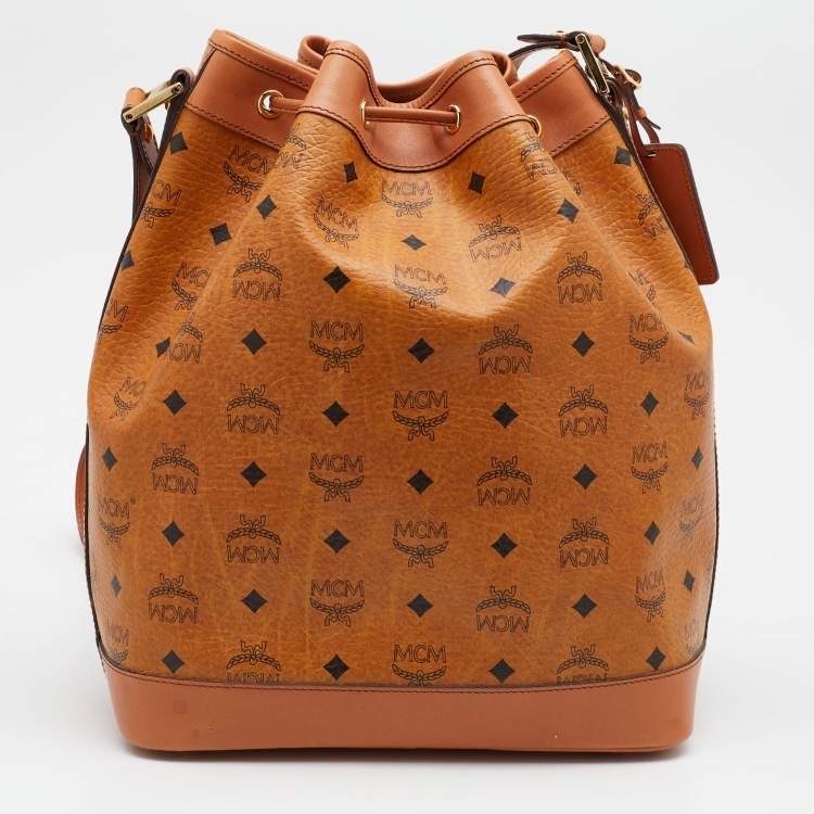Pre Owned MCM Cognac Visetos Coated Canvas and Leather Heritage Drawstring Bucket Bag