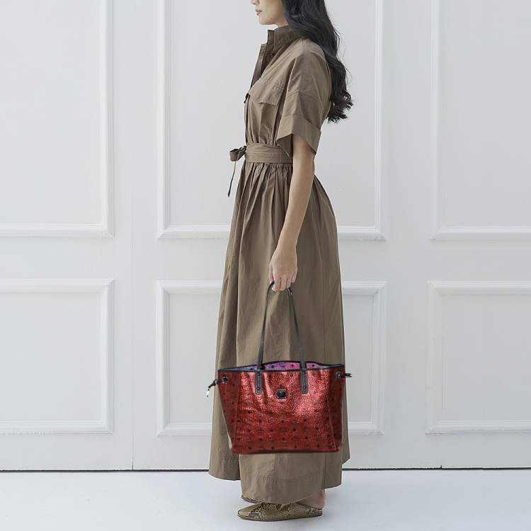 Pre Owned MCM Metallic Red Visetos Coated Canvas Project Reversible Shopper Tote