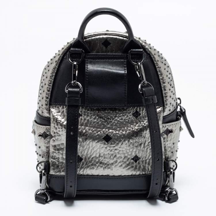 Pre Owned MCM  Silver/Black Monogram Leather Crystal Studded Backpack