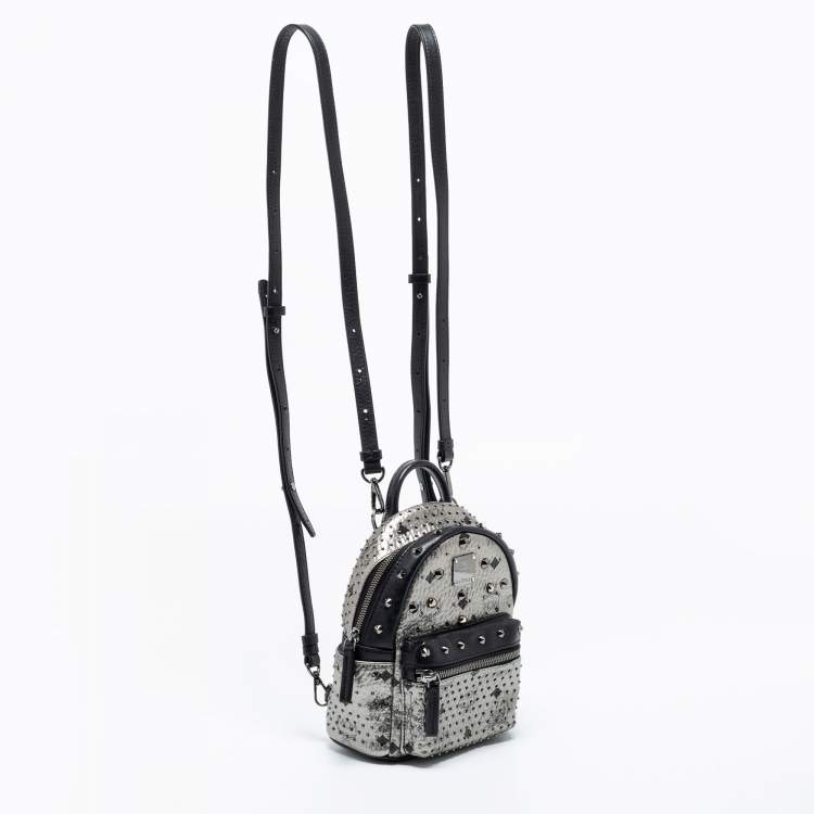 Pre Owned MCM  Silver/Black Monogram Leather Crystal Studded Backpack