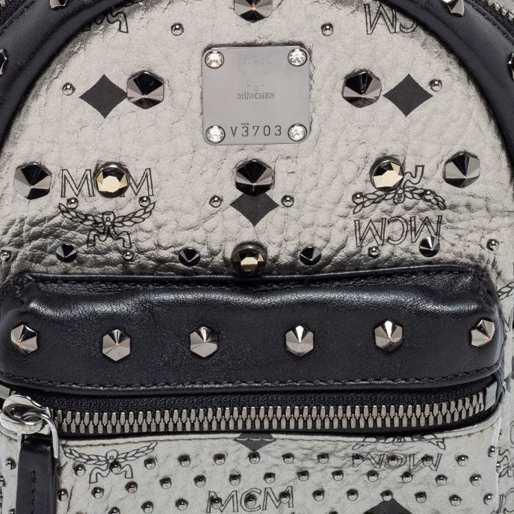 Pre Owned MCM  Silver/Black Monogram Leather Crystal Studded Backpack