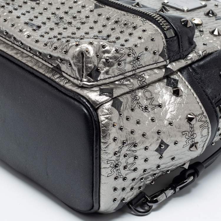 Pre Owned MCM  Silver/Black Monogram Leather Crystal Studded Backpack