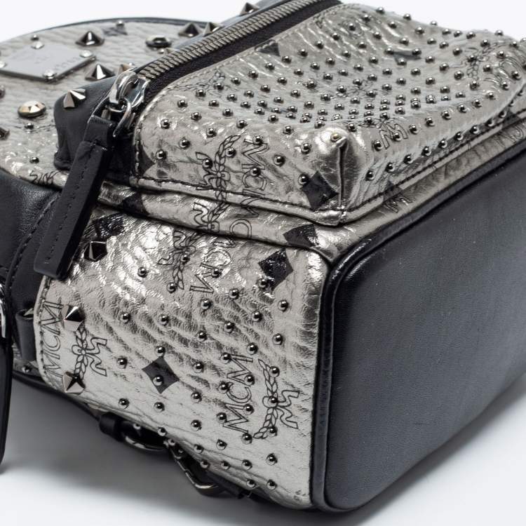 Pre Owned MCM  Silver/Black Monogram Leather Crystal Studded Backpack