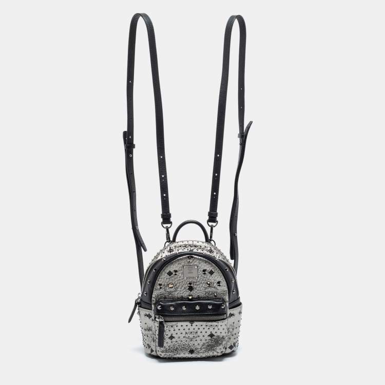 Pre Owned MCM  Silver/Black Monogram Leather Crystal Studded Backpack