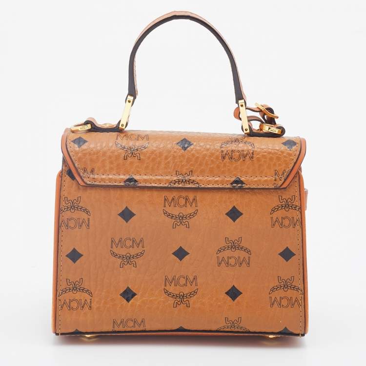 Pre Owned MCM Brown Visetos Coated Canvas and Leather Embellished Mini Heritage Top Handle Bag