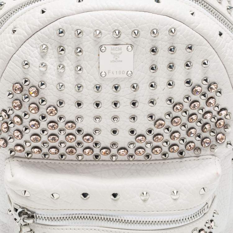 Pre Owned MCM White Swarovski Crystal Embellished Leather Small Stark Backpack